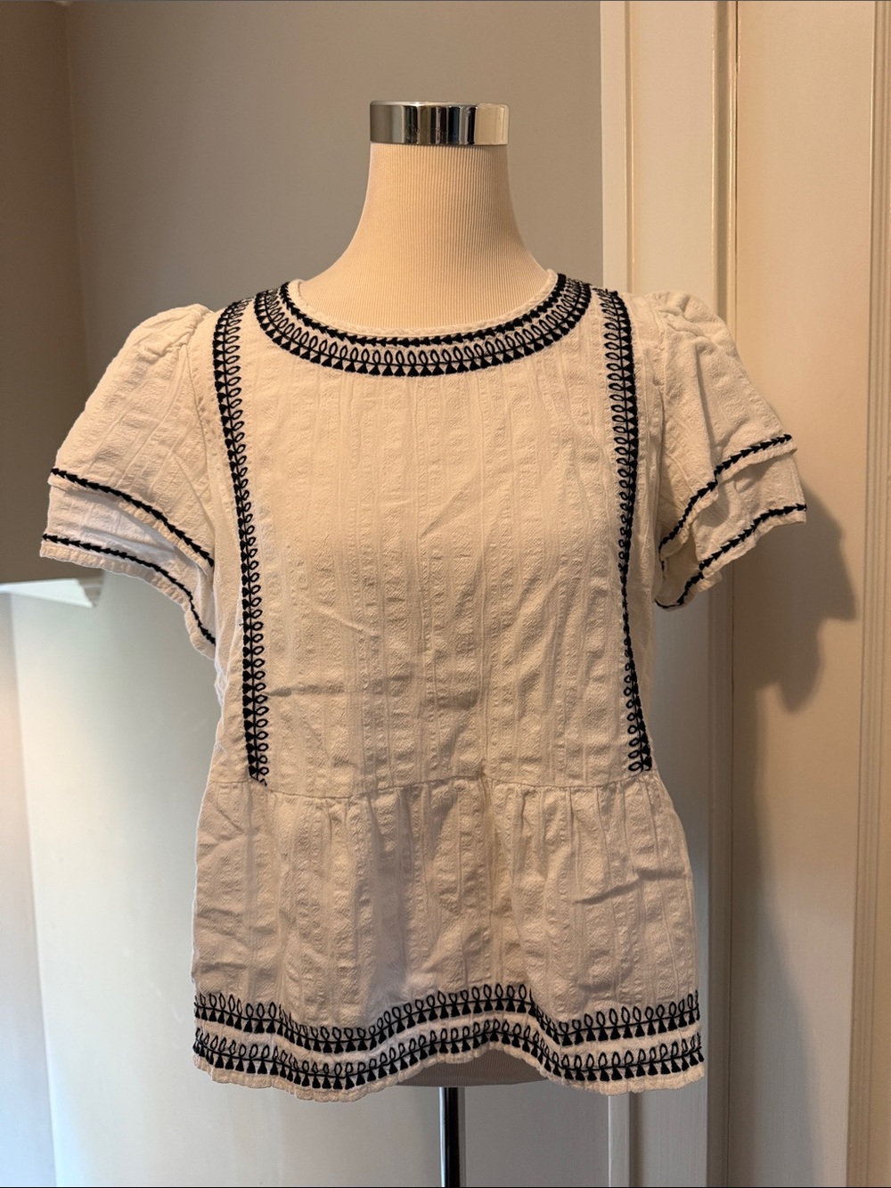 LOFT White Peplum Tunic with Black Embroidered Trim